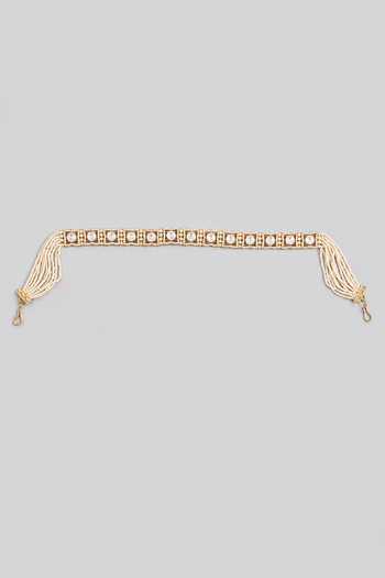 Shop_Zevar By Geeta_Gold Plated Pearls, Gemstones String Embellished Mathapatti _at_Aza_Fashions