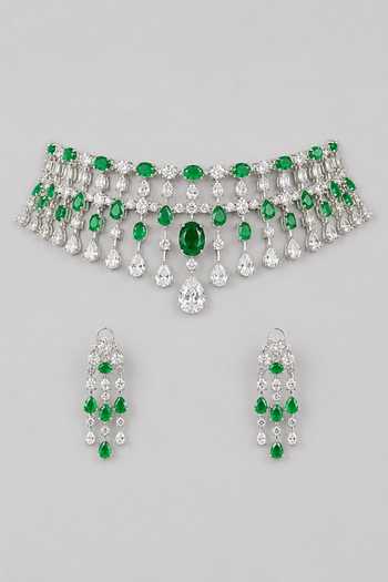 Shop_Zevar By Geeta_Green Emerald Stone Embellished Necklace Set _at_Aza_Fashions