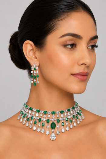 Buy_Zevar By Geeta_Green Emerald Stone Embellished Necklace Set _at_Aza_Fashions