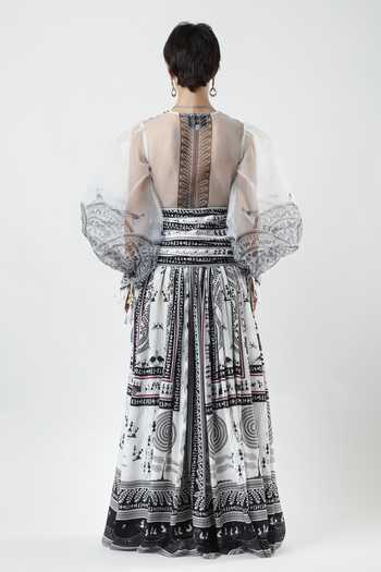 Shop_Limerick By Abirr N' Nanki_Black Organza, Crepe V-neck Helia Warli Print Dress _at_Aza_Fashions