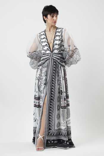 Limerick By Abirr N' Nanki_Black Organza, Crepe V-neck Helia Warli Print Dress _Online_at_Aza_Fashions