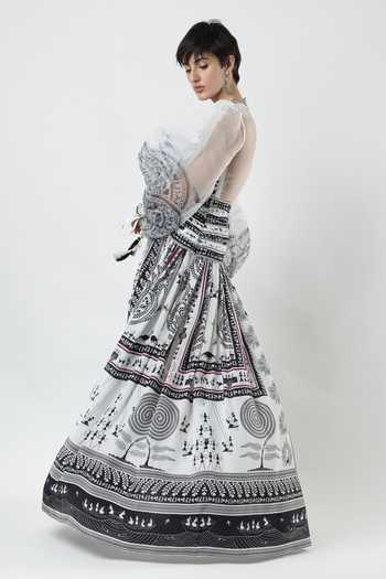 Buy_Limerick By Abirr N' Nanki_Black Organza, Crepe V-neck Helia Warli Print Dress _Online_at_Aza_Fashions