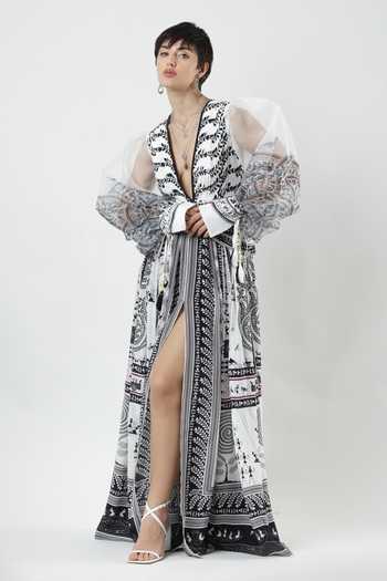 Buy_Limerick By Abirr N' Nanki_Black Organza, Crepe V-neck Helia Warli Print Dress _at_Aza_Fashions