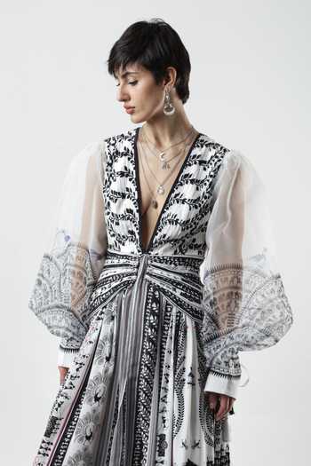 Shop_Limerick By Abirr N' Nanki_Black Organza, Crepe V-neck Helia Warli Print Dress _Online_at_Aza_Fashions