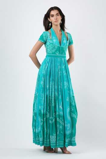 Limerick By Abirr N' Nanki_Blue Organza, Crepe Halter Neck Lavinia Embroidered Dress _Online_at_Aza_Fashions