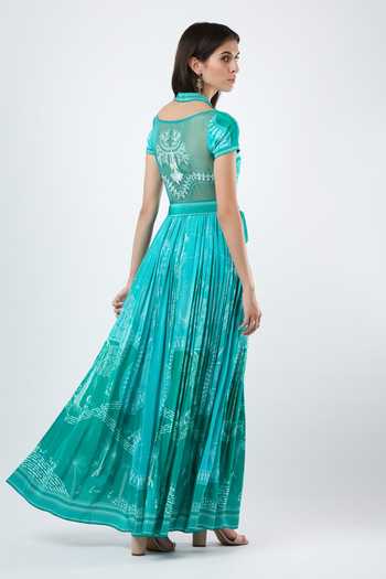 Shop_Limerick By Abirr N' Nanki_Blue Organza, Crepe Halter Neck Lavinia Embroidered Dress _at_Aza_Fashions