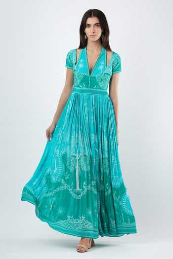 Buy_Limerick By Abirr N' Nanki_Blue Organza, Crepe Halter Neck Lavinia Embroidered Dress _at_Aza_Fashions
