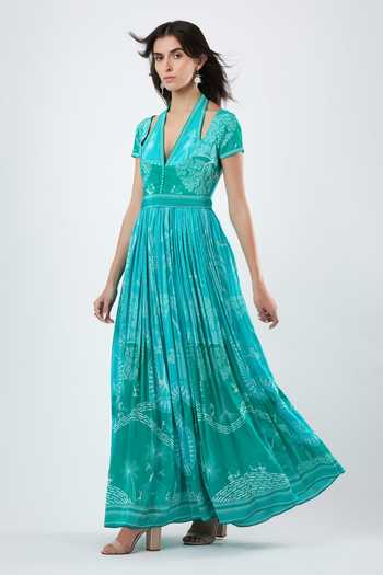 Shop_Limerick By Abirr N' Nanki_Blue Organza, Crepe Halter Neck Lavinia Embroidered Dress _Online_at_Aza_Fashions