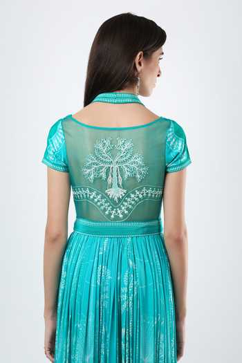 Limerick By Abirr N' Nanki_Blue Organza, Crepe Halter Neck Lavinia Embroidered Dress _at_Aza_Fashions