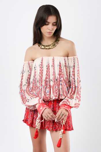 Shop_Limerick By Abirr N' Nanki_Pink Georgette Off-shoulder Brisa Off Printed Top _Online_at_Aza_Fashions