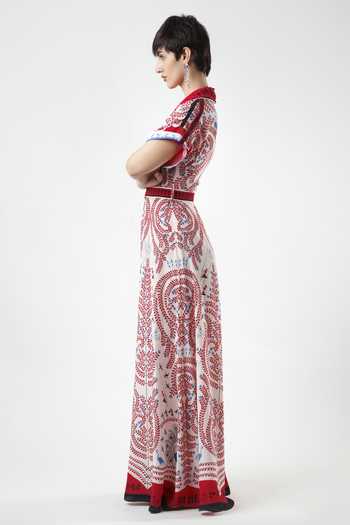 Limerick By Abirr N' Nanki_White Crepe V-, Collared Elizabeth Printed Jumpsuit With Belt _Online_at_Aza_Fashions