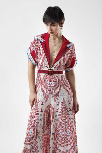 Buy_Limerick By Abirr N' Nanki_White Crepe V-, Collared Elizabeth Printed Jumpsuit With Belt _Online_at_Aza_Fashions