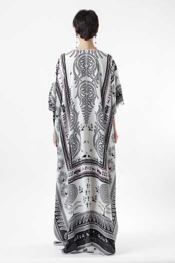 Shop_Limerick By Abirr N' Nanki_Black Crepe V-neck Lowe Warli Print Kaftan _at_Aza_Fashions