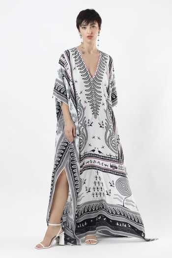 Limerick By Abirr N' Nanki_Black Crepe V-neck Lowe Warli Print Kaftan _Online_at_Aza_Fashions