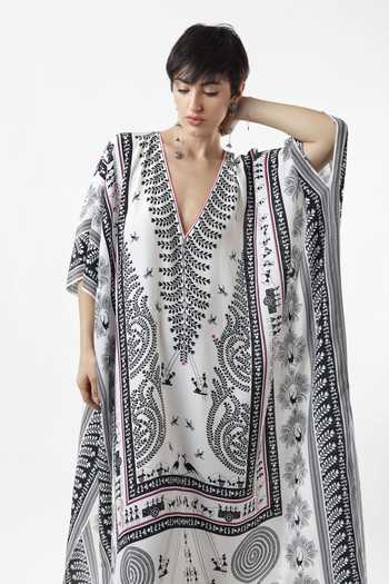 Shop_Limerick By Abirr N' Nanki_Black Crepe V-neck Lowe Warli Print Kaftan _Online_at_Aza_Fashions