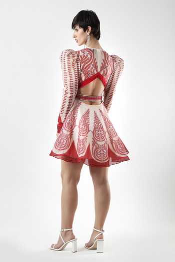 Shop_Limerick By Abirr N' Nanki_White Organza V-neck Aletta Embroidered Dress And Belt Set _at_Aza_Fashions