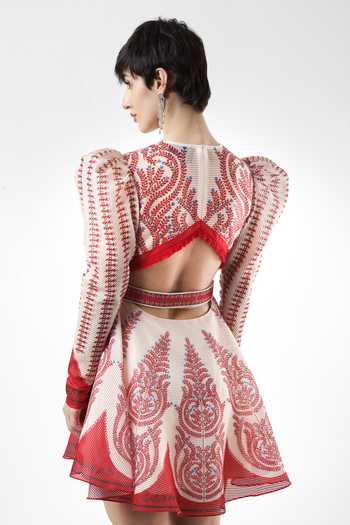 Shop_Limerick By Abirr N' Nanki_White Organza V-neck Aletta Embroidered Dress And Belt Set _Online_at_Aza_Fashions