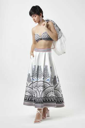 Limerick By Abirr N' Nanki_Black Satin Warli Print Midi Skirt _Online_at_Aza_Fashions