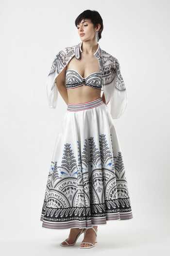 Buy_Limerick By Abirr N' Nanki_Black Satin Warli Print Midi Skirt _at_Aza_Fashions