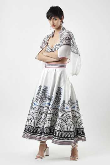 Buy_Limerick By Abirr N' Nanki_Black Satin Warli Print Midi Skirt _Online_at_Aza_Fashions