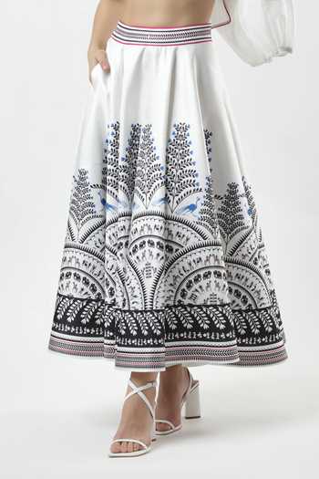 Shop_Limerick By Abirr N' Nanki_Black Satin Warli Print Midi Skirt _Online_at_Aza_Fashions