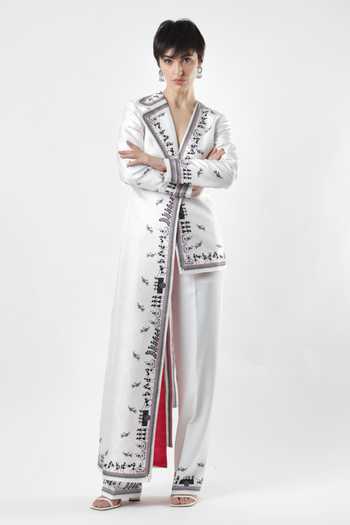 Limerick By Abirr N' Nanki_White Satin V-neck Primosa Asymmetric Embroidered Jacket _Online_at_Aza_Fashions