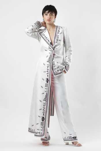 Buy_Limerick By Abirr N' Nanki_White Satin V-neck Primosa Asymmetric Embroidered Jacket _at_Aza_Fashions