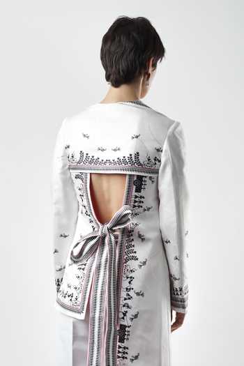 Shop_Limerick By Abirr N' Nanki_White Satin V-neck Primosa Asymmetric Embroidered Jacket _at_Aza_Fashions