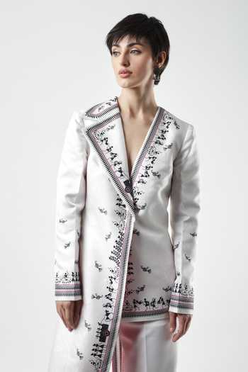 Limerick By Abirr N' Nanki_White Satin V-neck Primosa Asymmetric Embroidered Jacket _at_Aza_Fashions