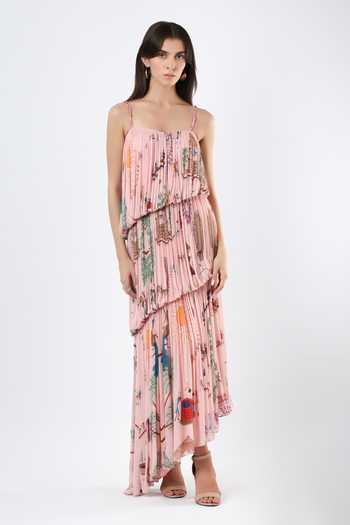 Buy_Limerick By Abirr N' Nanki_Pink Georgette Square Neck Regi Printed Pleated Tiered Dress _at_Aza_Fashions