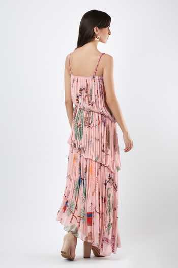 Shop_Limerick By Abirr N' Nanki_Pink Georgette Square Neck Regi Printed Pleated Tiered Dress _at_Aza_Fashions