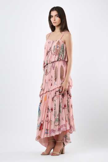 Limerick By Abirr N' Nanki_Pink Georgette Square Neck Regi Printed Pleated Tiered Dress _Online_at_Aza_Fashions