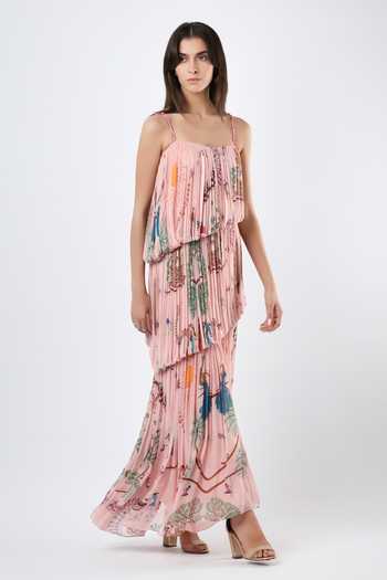Buy_Limerick By Abirr N' Nanki_Pink Georgette Square Neck Regi Printed Pleated Tiered Dress _Online_at_Aza_Fashions