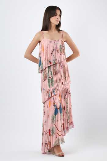 Shop_Limerick By Abirr N' Nanki_Pink Georgette Square Neck Regi Printed Pleated Tiered Dress _Online_at_Aza_Fashions