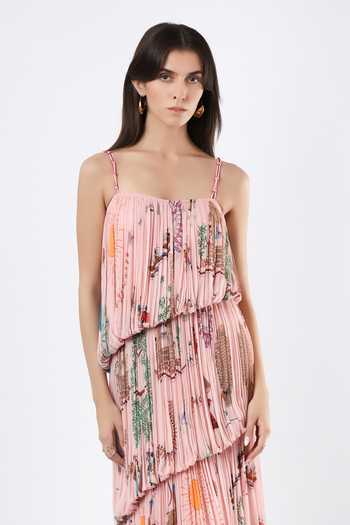 Limerick By Abirr N' Nanki_Pink Georgette Square Neck Regi Printed Pleated Tiered Dress _at_Aza_Fashions