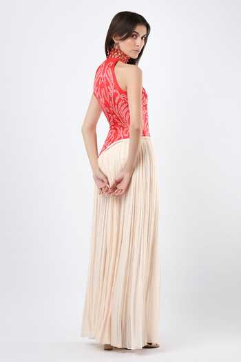 Shop_Limerick By Abirr N' Nanki_Red Georgette, Satin Choker Neck Marisol Scallop Textured Dress _at_Aza_Fashions