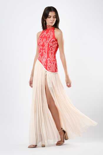 Limerick By Abirr N' Nanki_Red Georgette, Satin Choker Neck Marisol Scallop Textured Dress _Online_at_Aza_Fashions