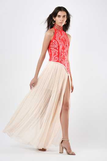 Buy_Limerick By Abirr N' Nanki_Red Georgette, Satin Choker Neck Marisol Scallop Textured Dress _Online_at_Aza_Fashions