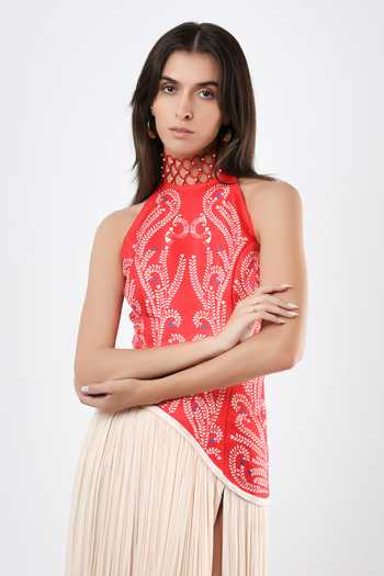 Shop_Limerick By Abirr N' Nanki_Red Georgette, Satin Choker Neck Marisol Scallop Textured Dress _Online_at_Aza_Fashions