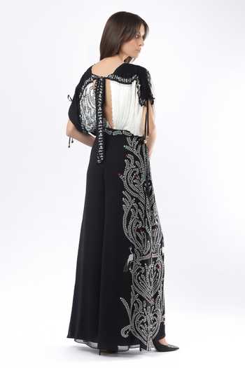Shop_Limerick By Abirr N' Nanki_Black Georgette V-neck Greten Hand Embroidered Jumpsuit And Belt Set _at_Aza_Fashions