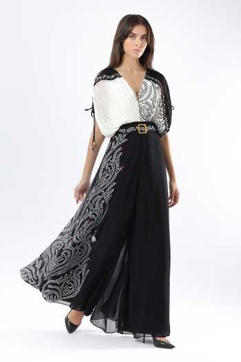 Buy_Limerick By Abirr N' Nanki_Black Georgette V-neck Greten Hand Embroidered Jumpsuit And Belt Set _Online_at_Aza_Fashions