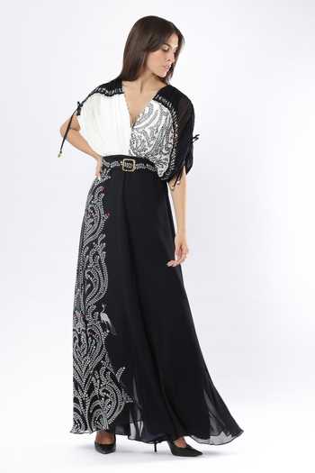 Buy_Limerick By Abirr N' Nanki_Black Georgette V-neck Greten Hand Embroidered Jumpsuit And Belt Set _at_Aza_Fashions