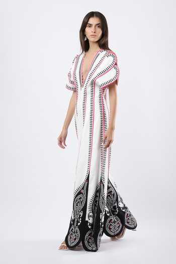Limerick By Abirr N' Nanki_White Cotton Satin Plunge Neck Zumi Embroidered Jumpsuit _Online_at_Aza_Fashions