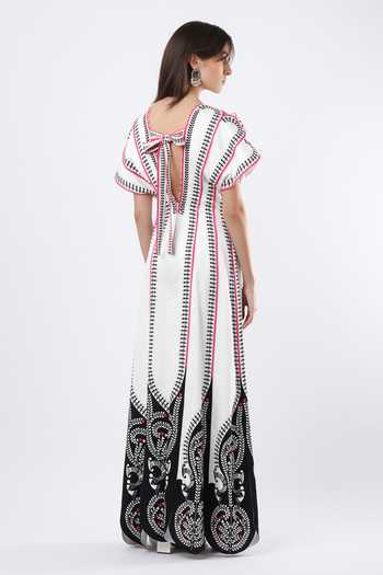Shop_Limerick By Abirr N' Nanki_White Cotton Satin Plunge Neck Zumi Embroidered Jumpsuit _at_Aza_Fashions