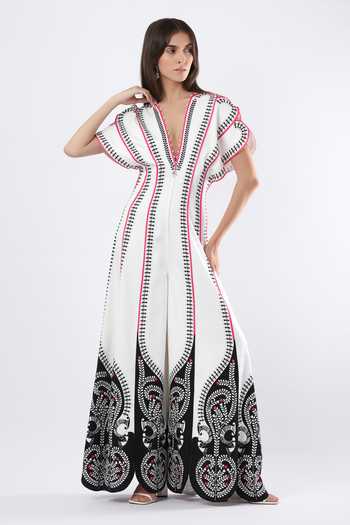 Buy_Limerick By Abirr N' Nanki_White Cotton Satin Plunge Neck Zumi Embroidered Jumpsuit _at_Aza_Fashions