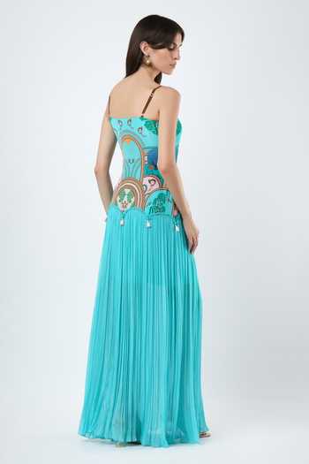 Shop_Limerick By Abirr N' Nanki_Blue Georgette, Crepe Square Neck Aisling Warli Motif Dress _at_Aza_Fashions