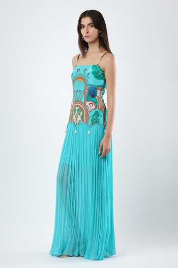 Limerick By Abirr N' Nanki_Blue Georgette, Crepe Square Neck Aisling Warli Motif Dress _Online_at_Aza_Fashions