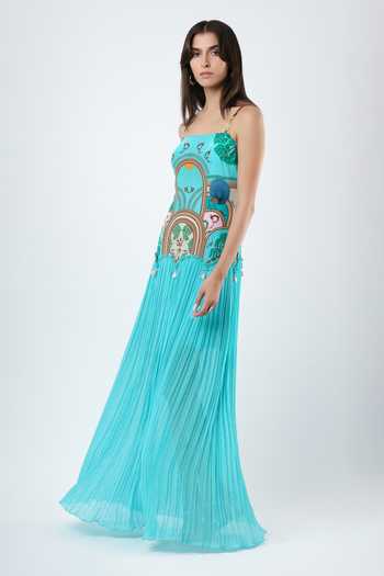 Buy_Limerick By Abirr N' Nanki_Blue Georgette, Crepe Square Neck Aisling Warli Motif Dress _Online_at_Aza_Fashions