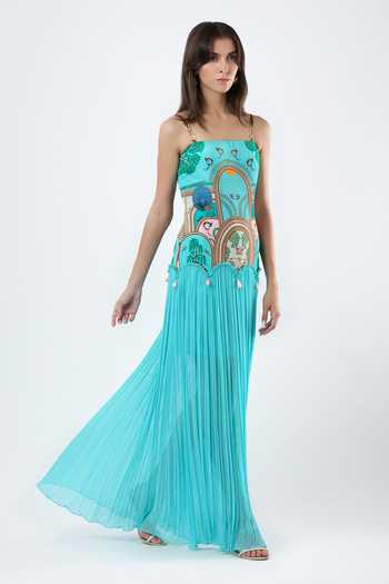 Shop_Limerick By Abirr N' Nanki_Blue Georgette, Crepe Square Neck Aisling Warli Motif Dress _Online_at_Aza_Fashions