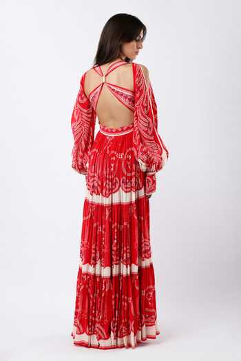Shop_Limerick By Abirr N' Nanki_Red Crepe Plunge Neck Lore Embroidered Maxi Dress _at_Aza_Fashions